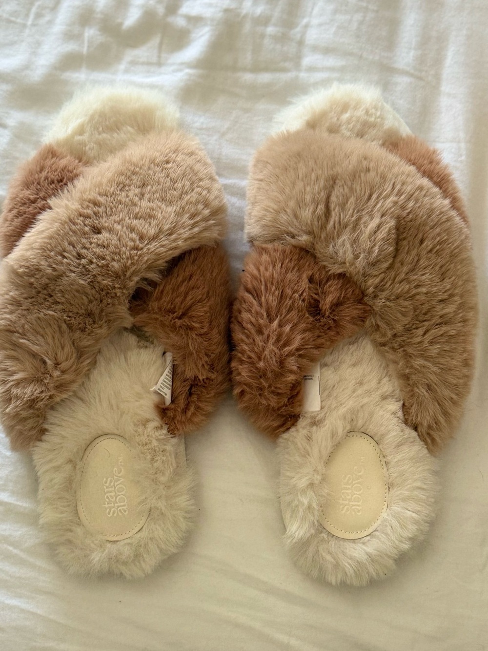 stars above Faux Fur Crossband Slippers in Cream and Brown